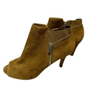 Marc Fisher Tan Suede Peep Toe Ankle Booties Gold Zipper  Stiletto Heel Size 8